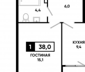 1-комн, 38 кв м, этаж 3/19 Российский пр-кт, 16